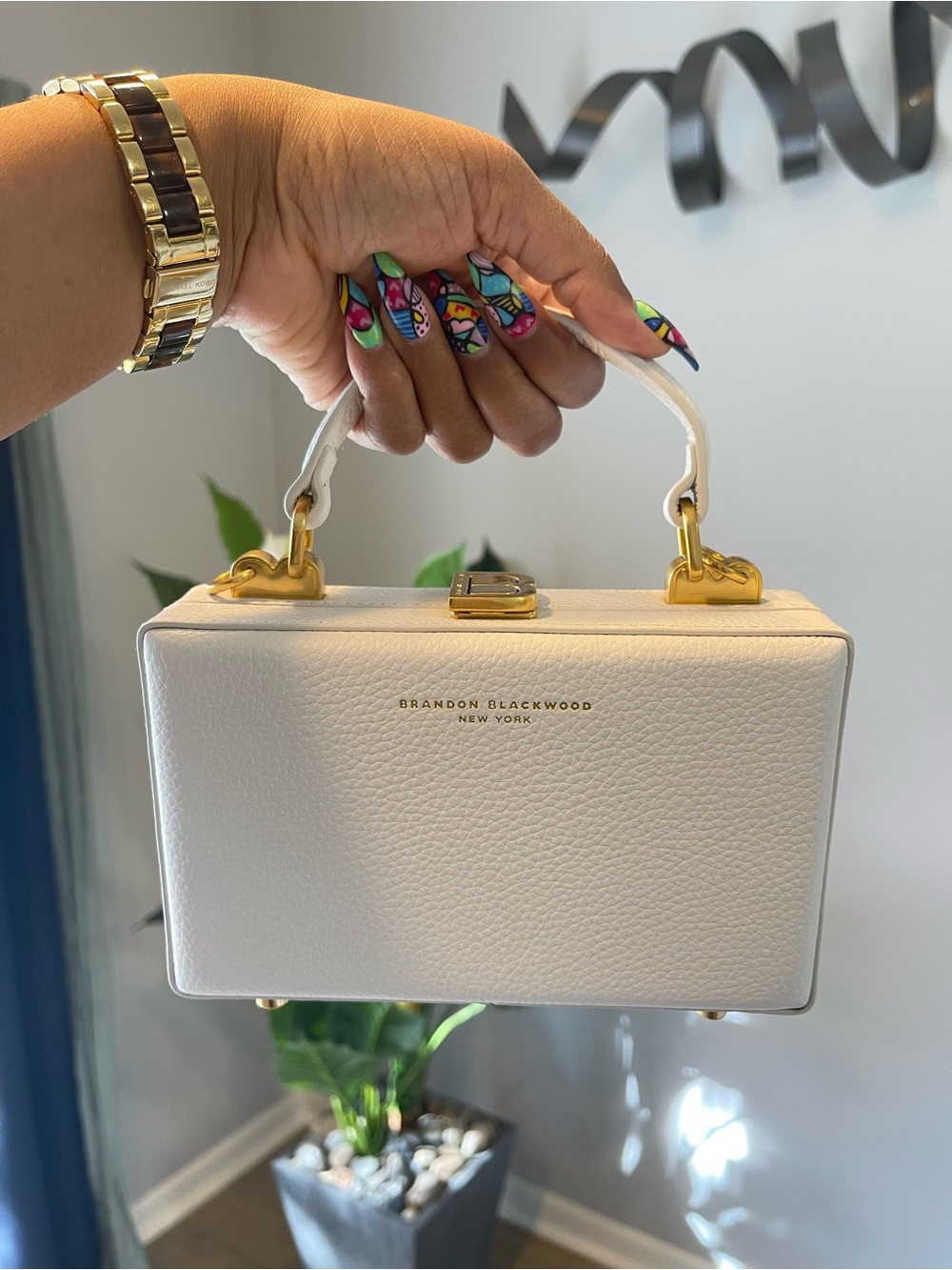 Brandon Blackwood White Leather Mini Top-Handle Box Bag with Gold Hardware